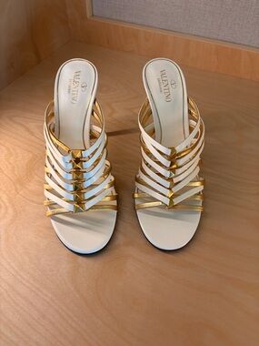 Valentino White and Gold Multi-Strap Slide Mules